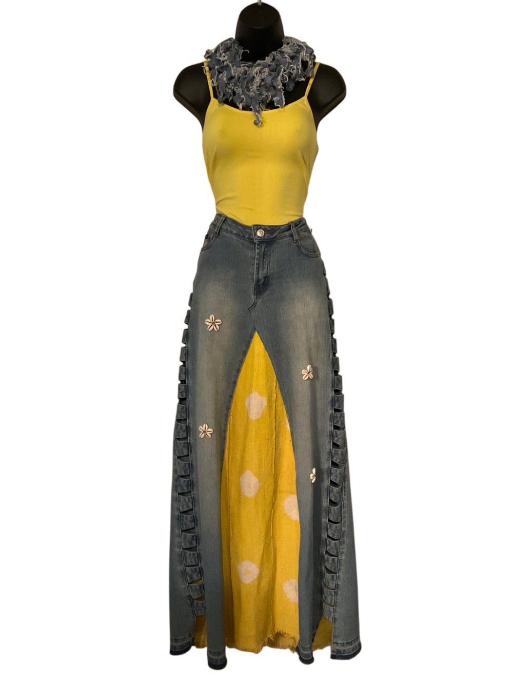 AUTHENTIC Maxi Denim Skirt w/ Yellow/White Mudcloth Inset & Cowrie Shells